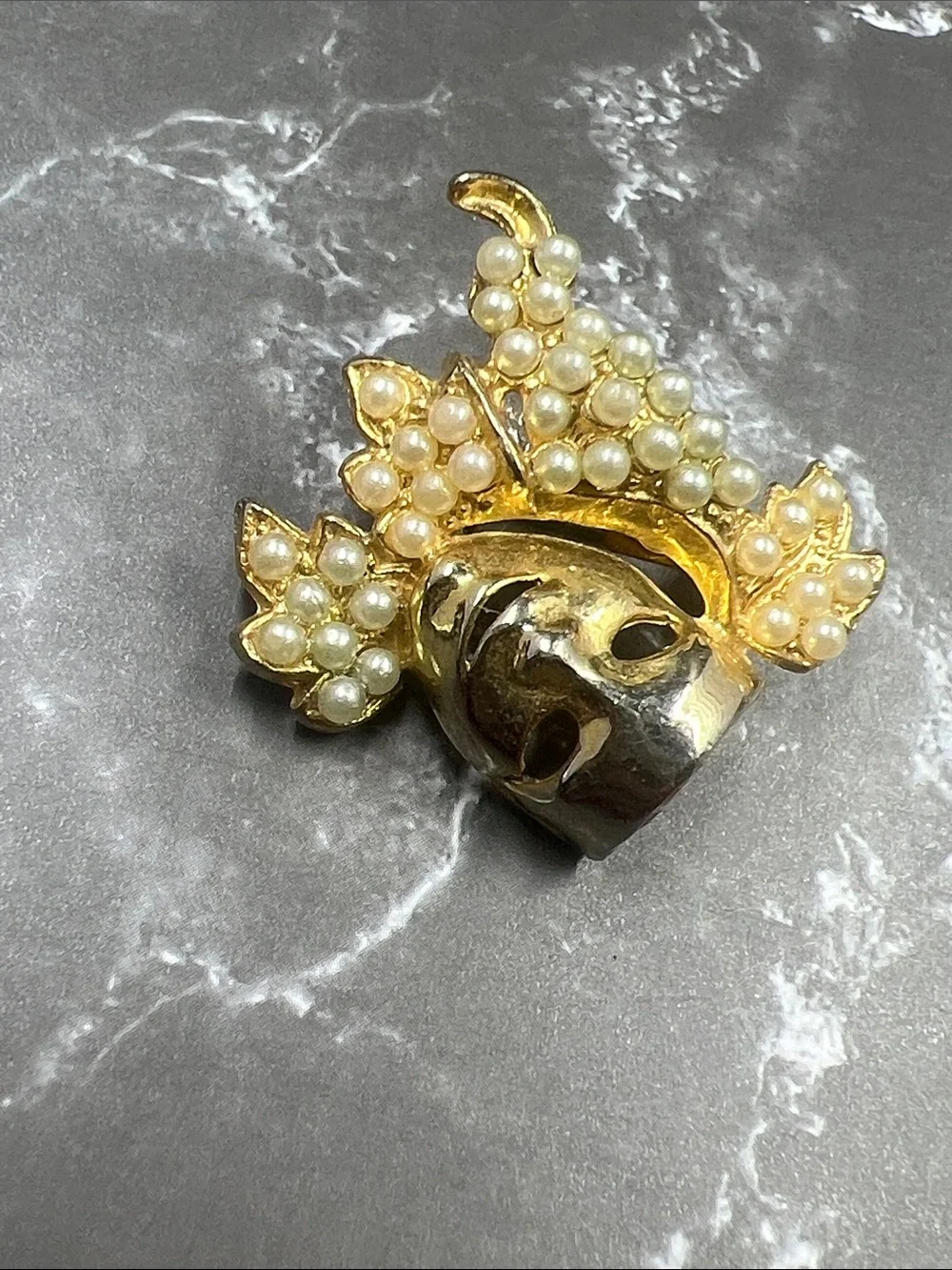 Gold Tone Pearl Harlequin Masquerade Mask Pin